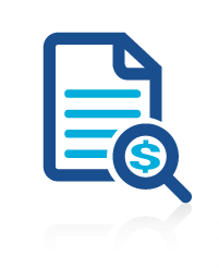 Icon of a document with a magnifying glass showing a dollar sign, labeled; Accounting and Finance